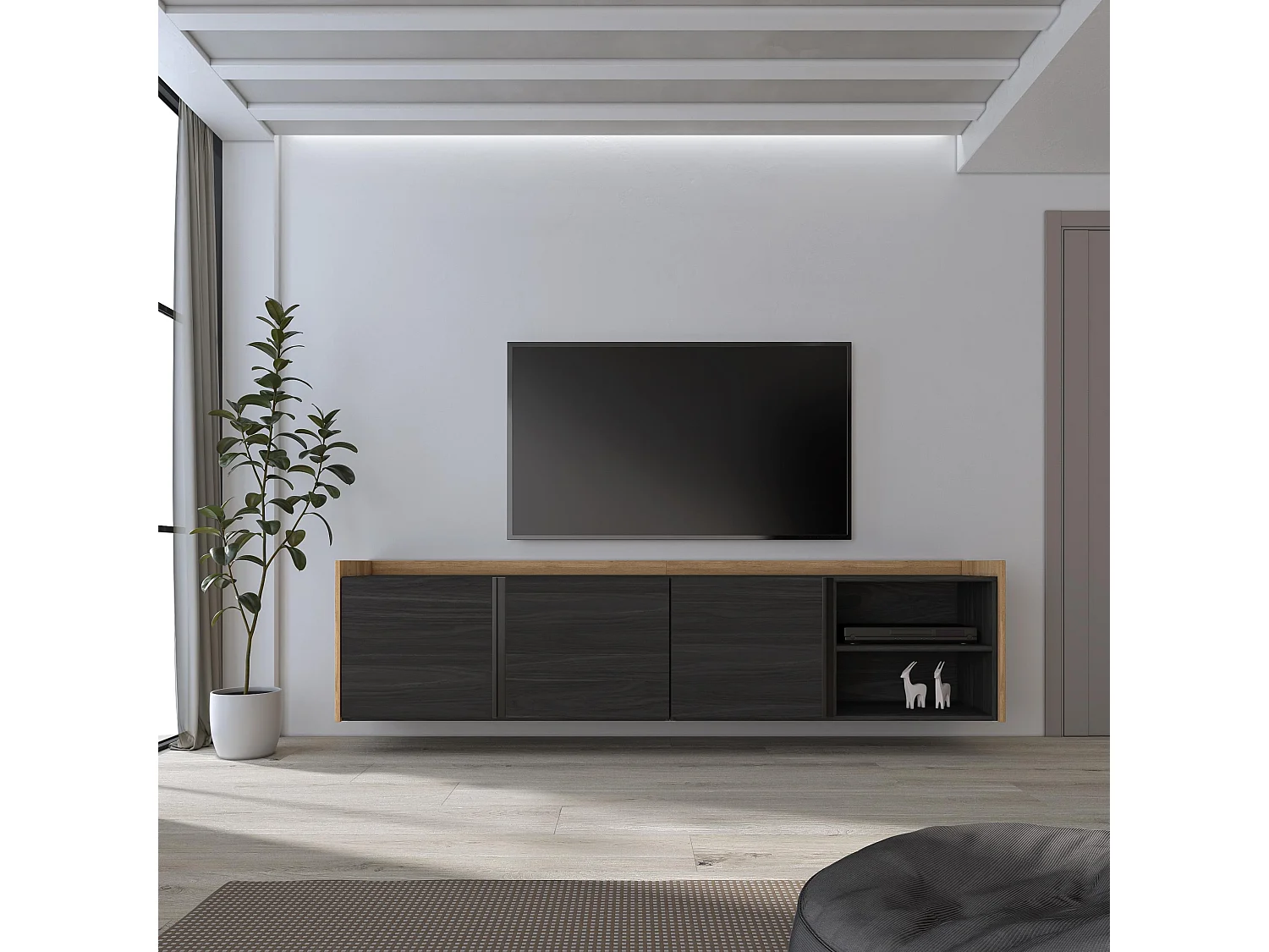 TV-Schrank, Lowboard, 207x50x35 cm, Für TV-Geräte bis zu 80", Hängend, Schwarz Eiche