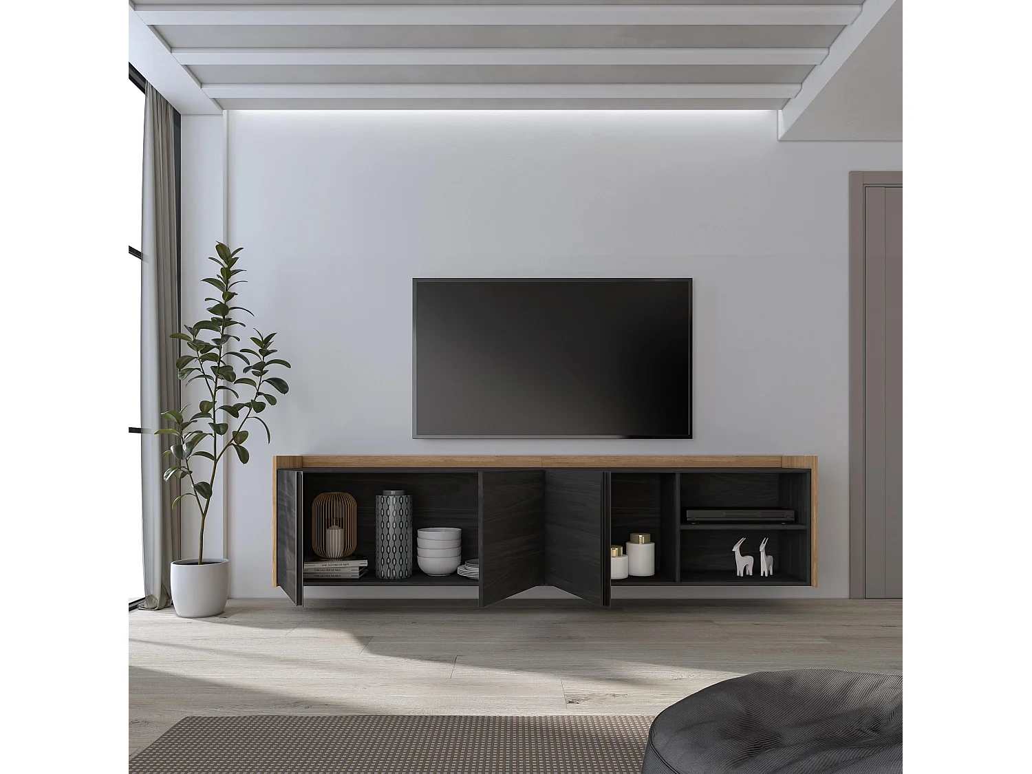 TV-Schrank, Lowboard, 207x50x35 cm, Für TV-Geräte bis zu 80", Hängend, Schwarz Eiche