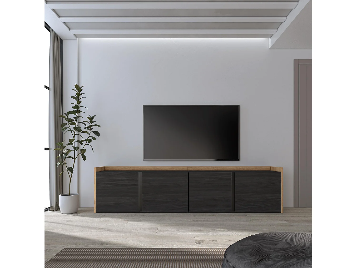 TV-Schrank, Lowboard, 207x50x35 cm, Für TV-Geräte bis zu 80", Fernsehtisch, Schwarz Eiche