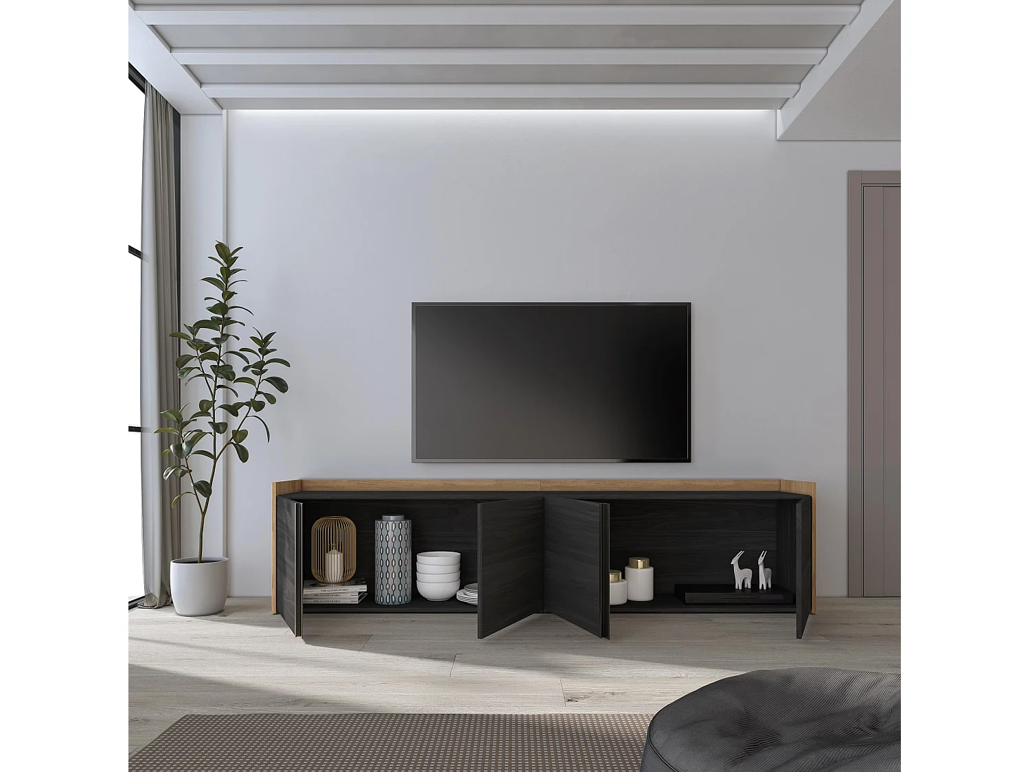 TV-Schrank, Lowboard, 207x50x35 cm, Für TV-Geräte bis zu 80", Fernsehtisch, Schwarz Eiche