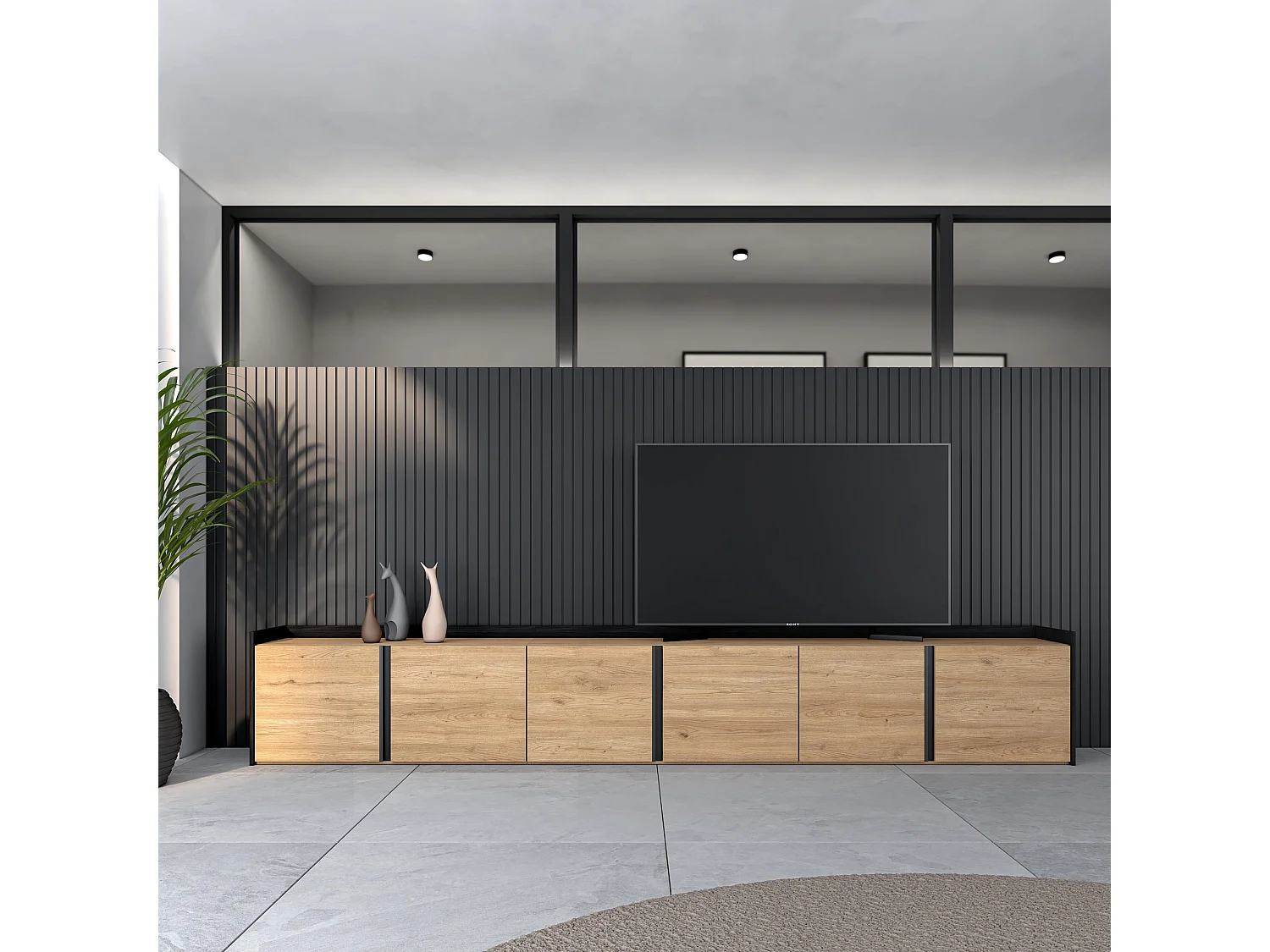 Meuble TV, Banc Télé, 309x50x35 cm, Pour les TV jusqu'à 80", Meubles de salon, Chêne et noir