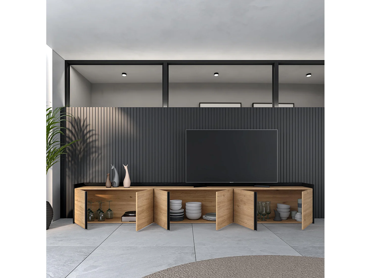 Meuble TV, Banc Télé, 309x50x35 cm, Pour les TV jusqu'à 80", Meubles de salon, Chêne et noir