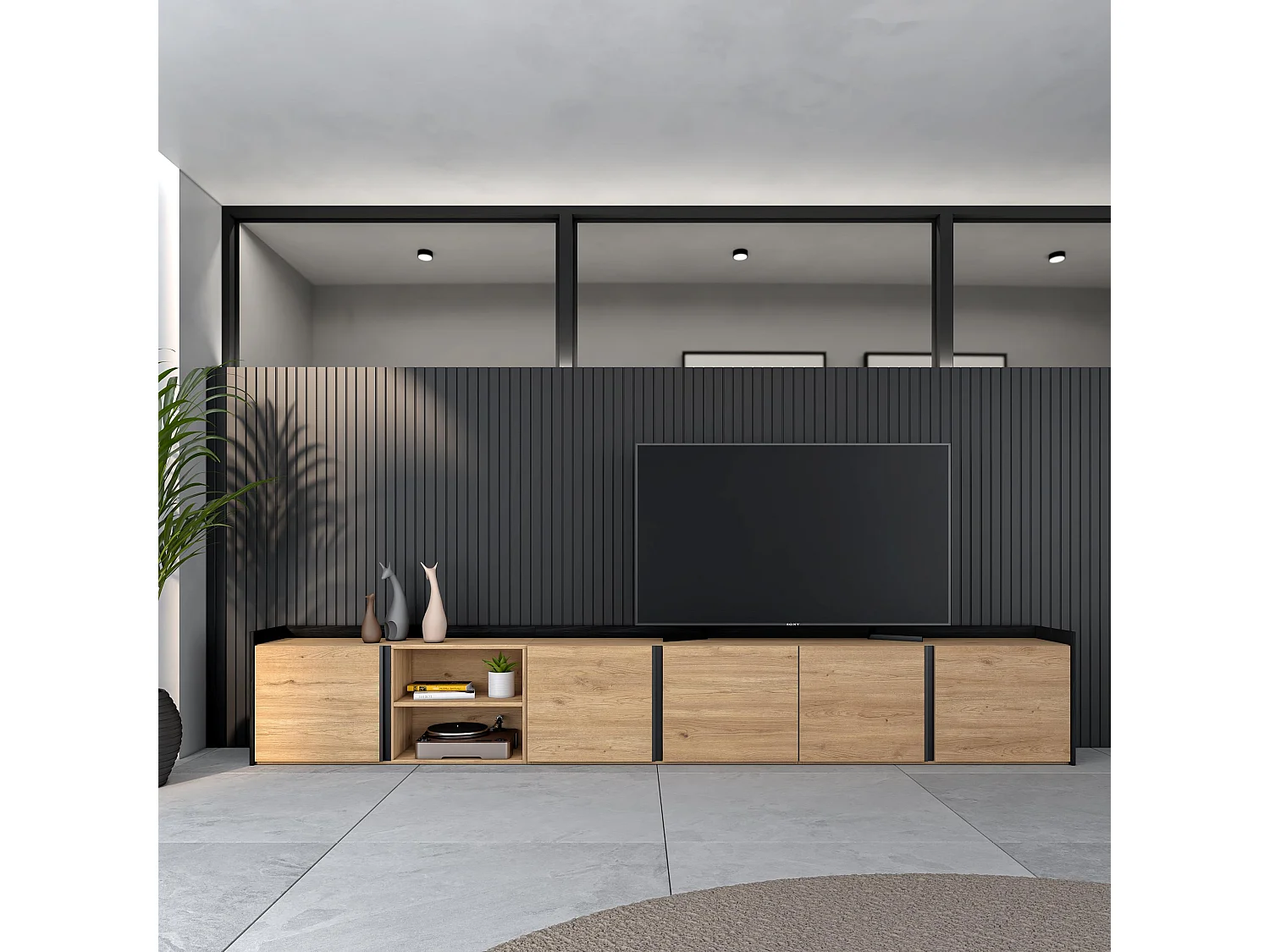 Meuble TV, Banc Télé, 309x50x35 cm, Pour les TV jusqu'à 80", Meubles de salon, Chêne et noir