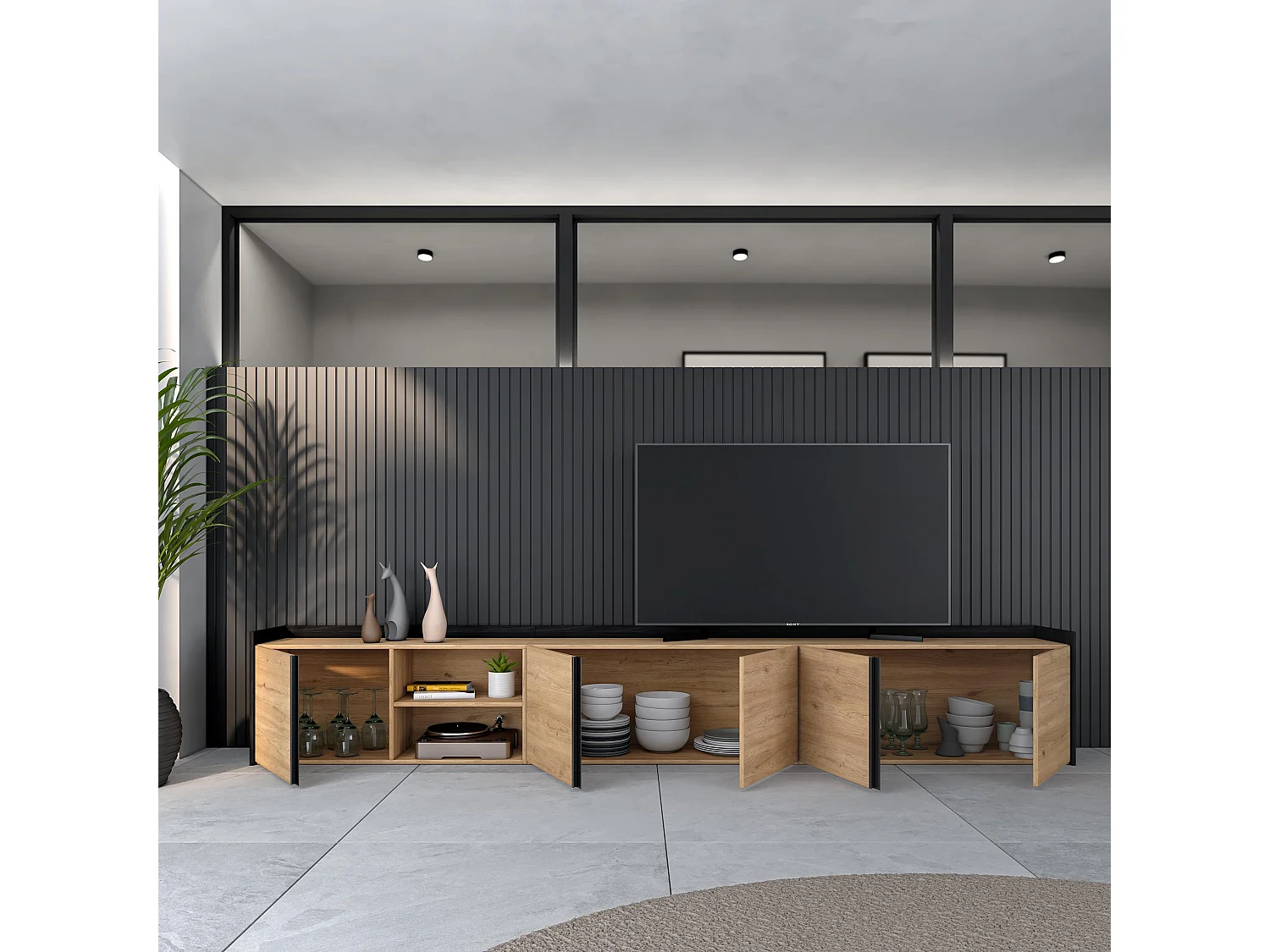 Meuble TV, Banc Télé, 309x50x35 cm, Pour les TV jusqu'à 80", Meubles de salon, Chêne et noir
