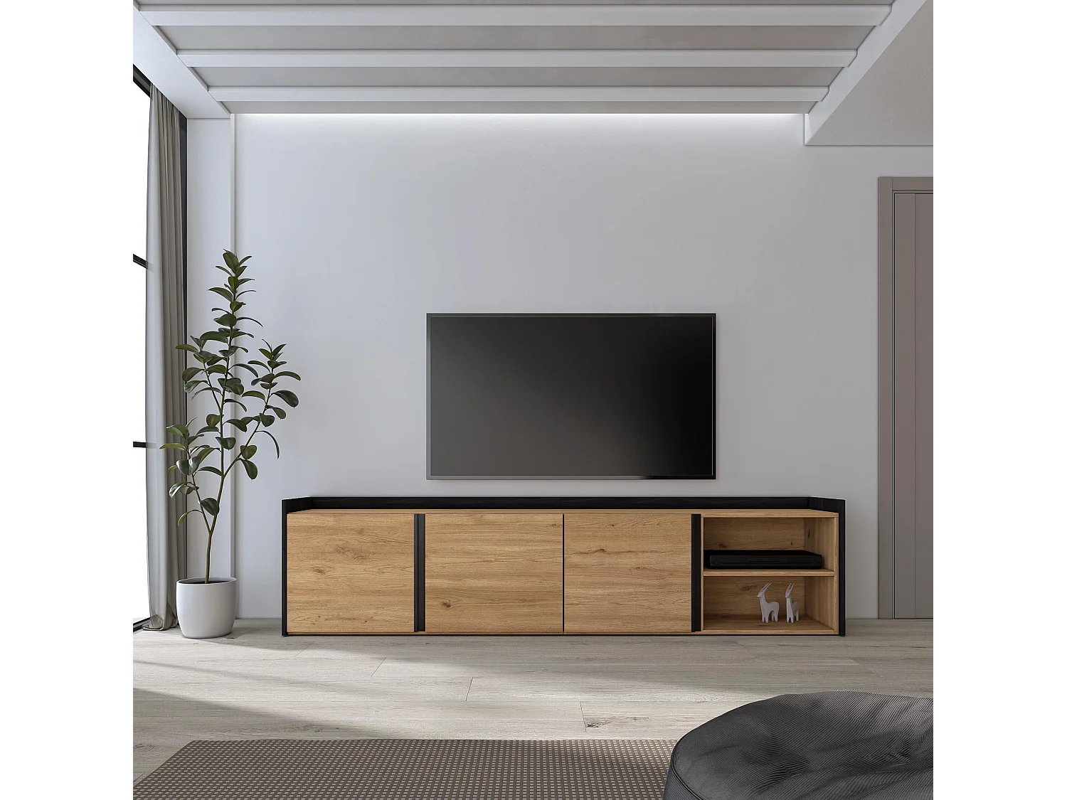 Meuble TV, Banc Télé, 207x50x35 cm, Pour les TV jusqu'à 80", Meubles de salon, Chêne et noir