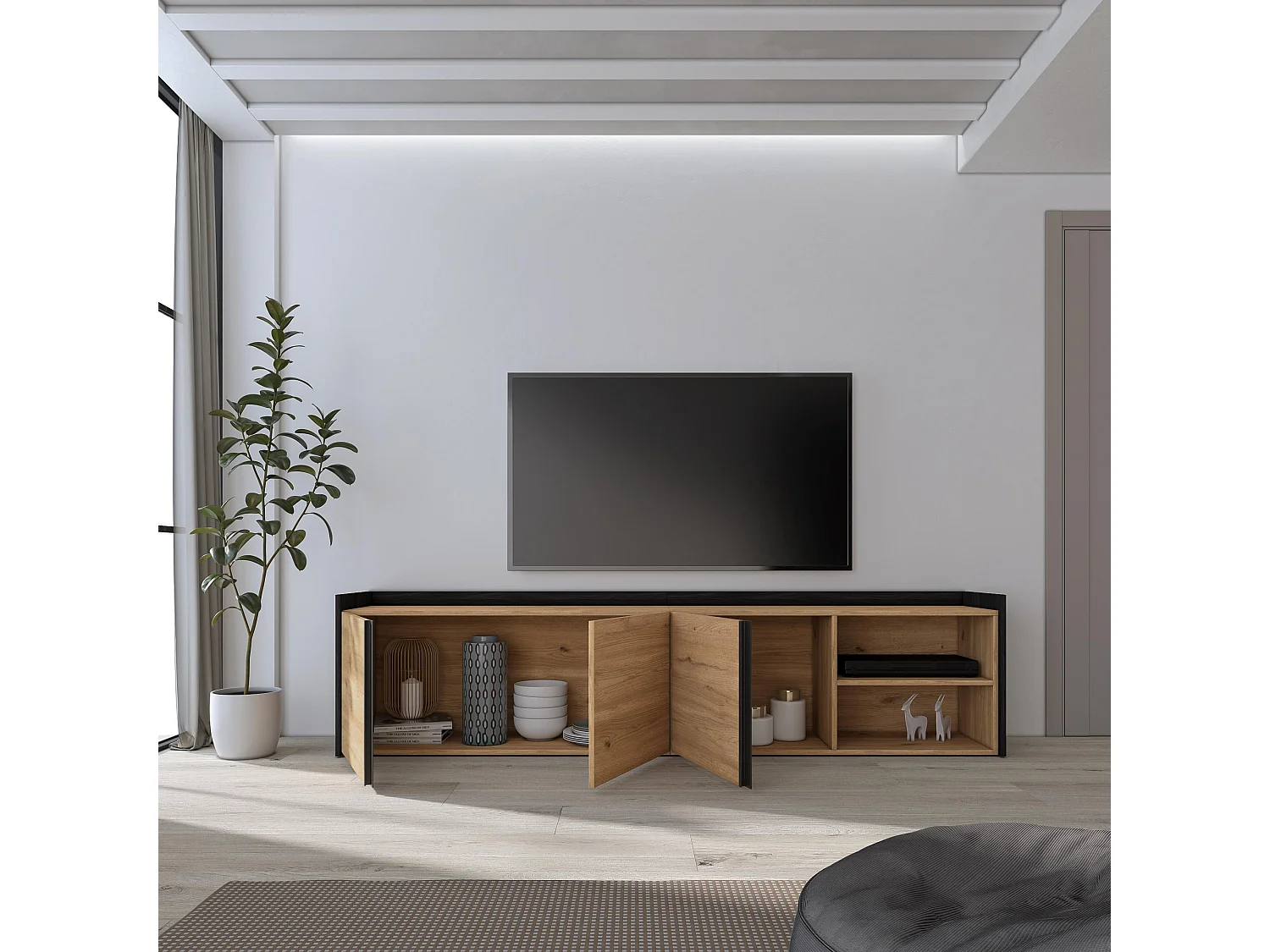 Meuble TV, Banc Télé, 207x50x35 cm, Pour les TV jusqu'à 80", Meubles de salon, Chêne et noir