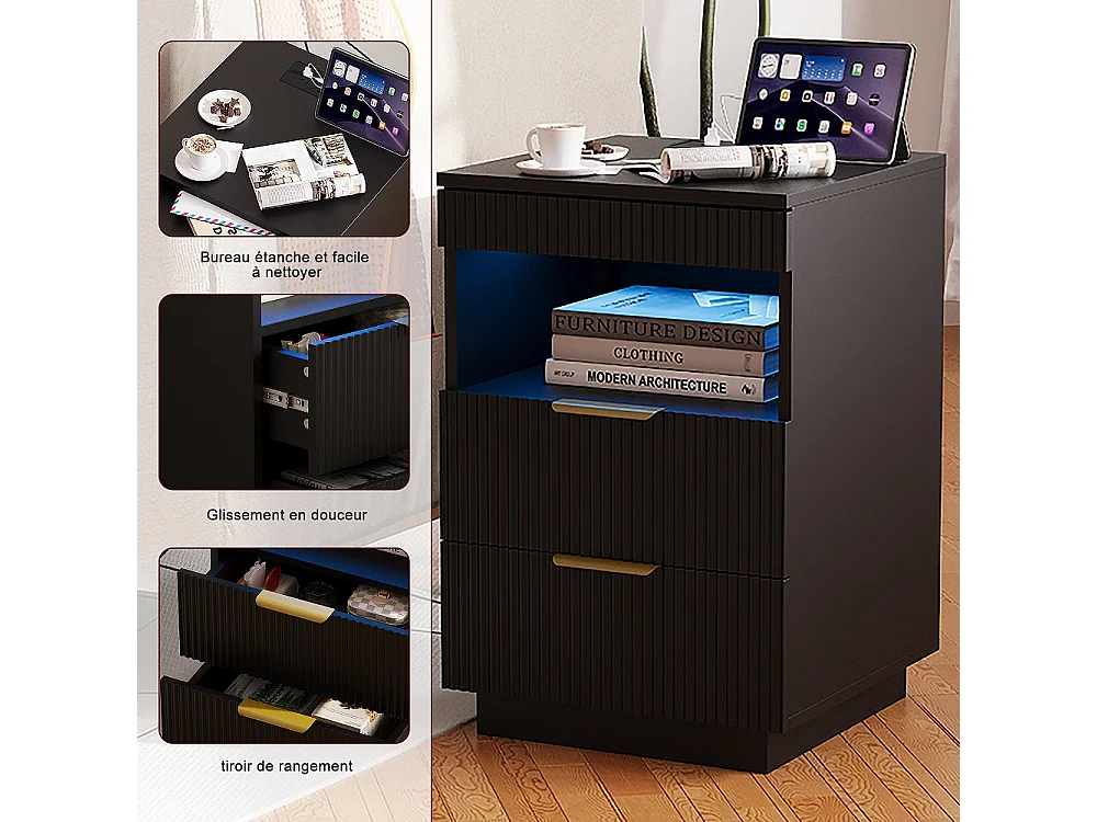 Table de nuit LED - Table de lit moderne avec compartiment ouvert et 2 tiroirs - Table d'extrémité latérale avec ports USB et Type-C - Noir
