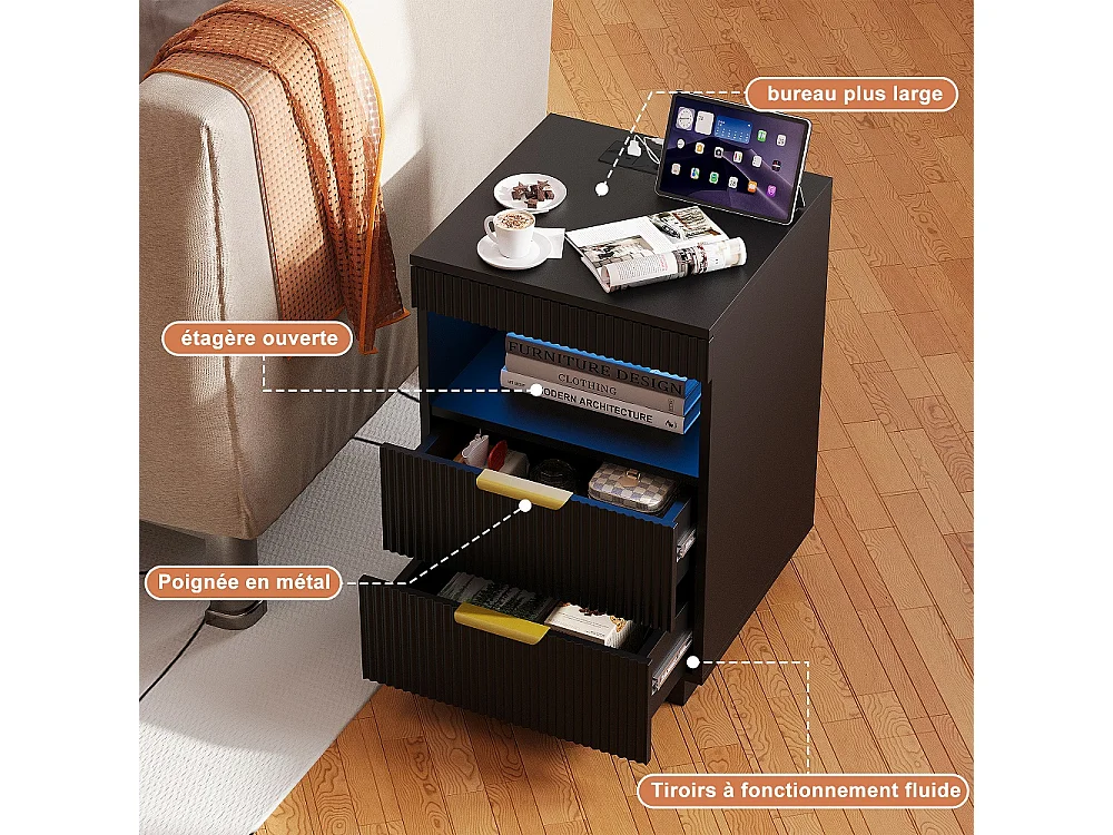Table de nuit LED - Table de lit moderne avec compartiment ouvert et 2 tiroirs - Table d'extrémité latérale avec ports USB et Type-C - Noir