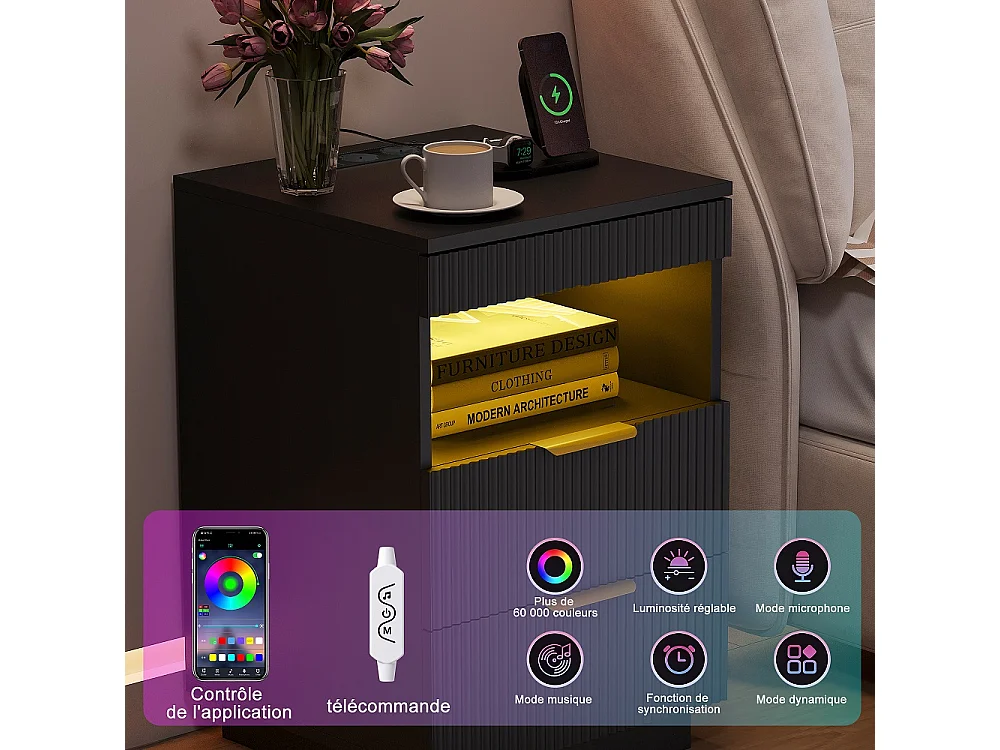 Table de nuit LED - Table de lit moderne avec compartiment ouvert et 2 tiroirs - Table d'extrémité latérale avec ports USB et Type-C - Noir