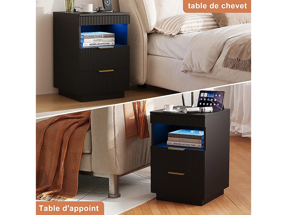 Table de nuit LED - Table de lit moderne avec compartiment ouvert et 2 tiroirs - Table d'extrémité latérale avec ports USB et Type-C - Noir