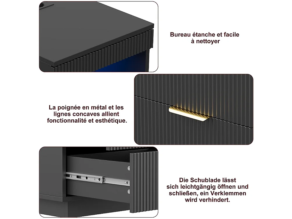 Table de nuit LED - Table de lit moderne avec compartiment ouvert et 2 tiroirs - Table d'extrémité latérale avec ports USB et Type-C - Noir