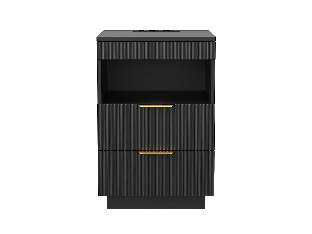 Table de nuit LED - Table de lit moderne avec compartiment ouvert et 2 tiroirs - Table d'extrémité latérale avec ports USB et Type-C - Noir