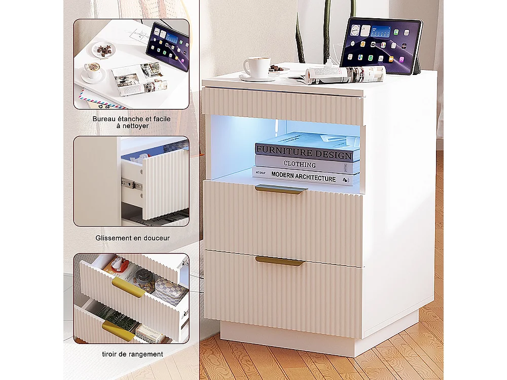 Table de nuit LED - Table de lit moderne avec compartiment ouvert et 2 tiroirs - Table d'extrémité latérale avec ports USB et Type-C - Blanc