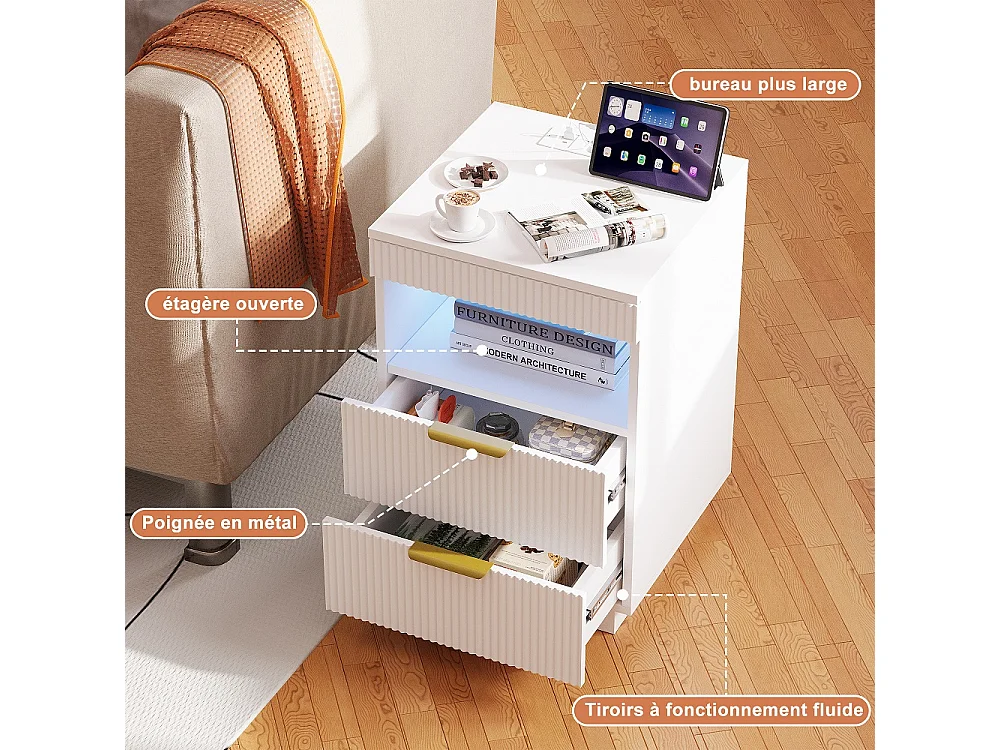 Table de nuit LED - Table de lit moderne avec compartiment ouvert et 2 tiroirs - Table d'extrémité latérale avec ports USB et Type-C - Blanc