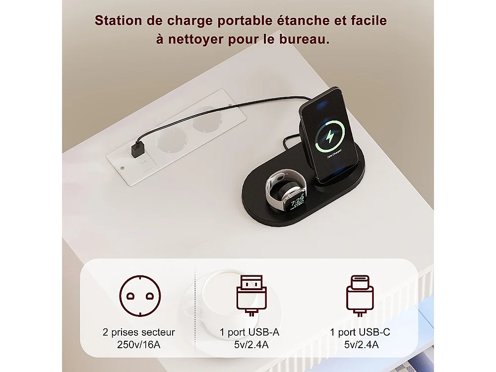 Table de nuit LED - Table de lit moderne avec compartiment ouvert et 2 tiroirs - Table d'extrémité latérale avec ports USB et Type-C - Blanc