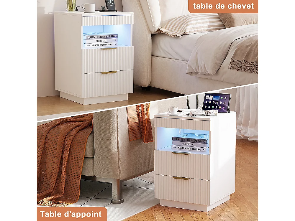 Table de nuit LED - Table de lit moderne avec compartiment ouvert et 2 tiroirs - Table d'extrémité latérale avec ports USB et Type-C - Blanc
