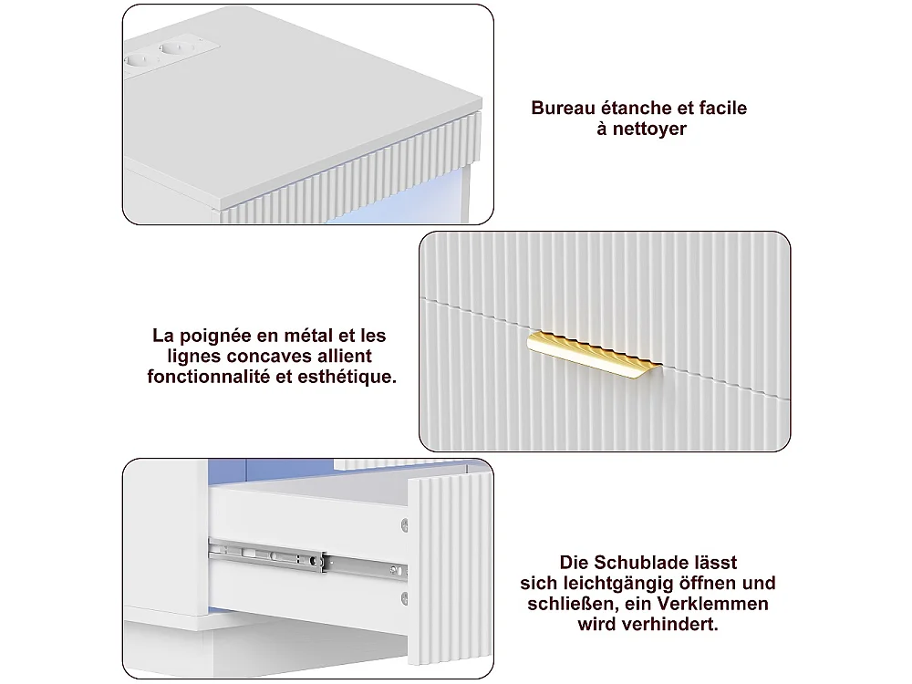 Table de nuit LED - Table de lit moderne avec compartiment ouvert et 2 tiroirs - Table d'extrémité latérale avec ports USB et Type-C - Blanc