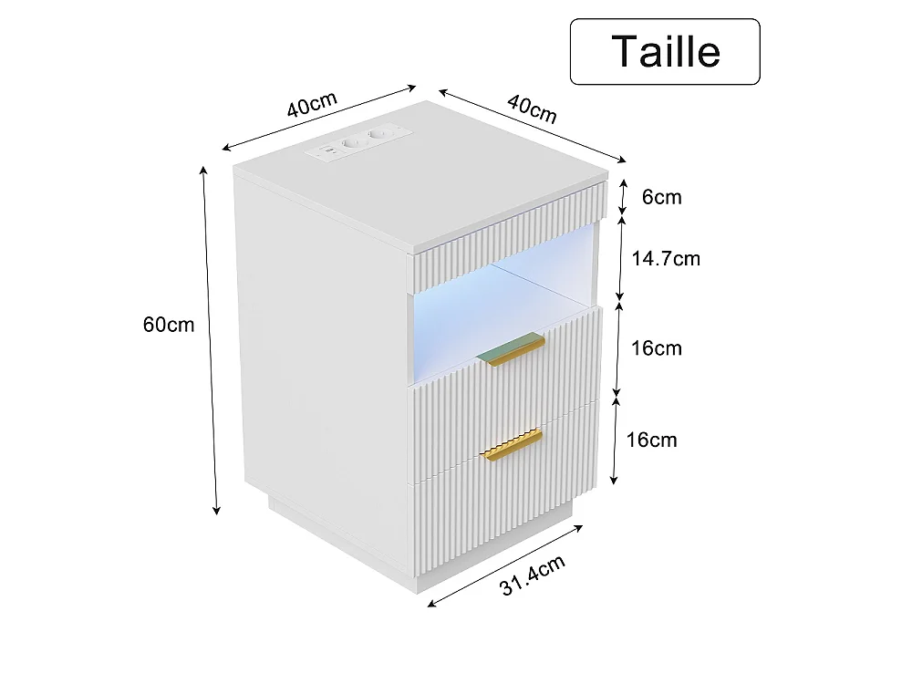 Table de nuit LED - Table de lit moderne avec compartiment ouvert et 2 tiroirs - Table d'extrémité latérale avec ports USB et Type-C - Blanc