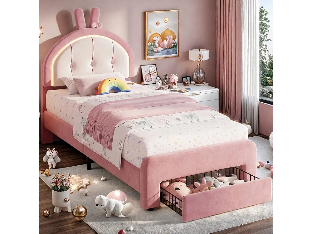 Cadre de lit pour enfants 90 x 200 cm - Lit rembourré avec LED et 1 tiroir avec tête d'oreille de lapin mignon - Lit à plateforme simple pour filles avec tête d'ore