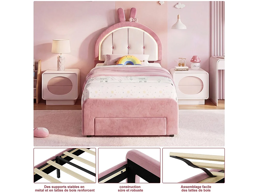Cadre de lit pour enfants 90 x 200 cm - Lit rembourré avec LED et 1 tiroir avec tête d'oreille de lapin mignon - Lit à plateforme simple pour filles avec tête d'ore