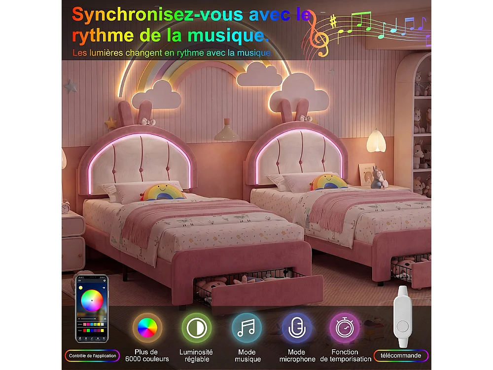 Cadre de lit pour enfants 90 x 200 cm - Lit rembourré avec LED et 1 tiroir avec tête d'oreille de lapin mignon - Lit à plateforme simple pour filles avec tête d'ore