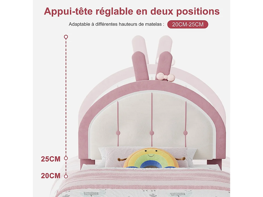 Cadre de lit pour enfants 90 x 200 cm - Lit rembourré avec LED et 1 tiroir avec tête d'oreille de lapin mignon - Lit à plateforme simple pour filles avec tête d'ore