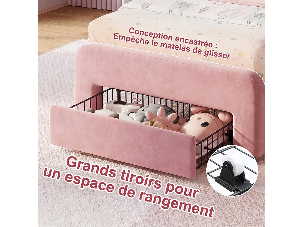 Cadre de lit pour enfants 90 x 200 cm - Lit rembourré avec LED et 1 tiroir avec tête d'oreille de lapin mignon - Lit à plateforme simple pour filles avec tête d'ore