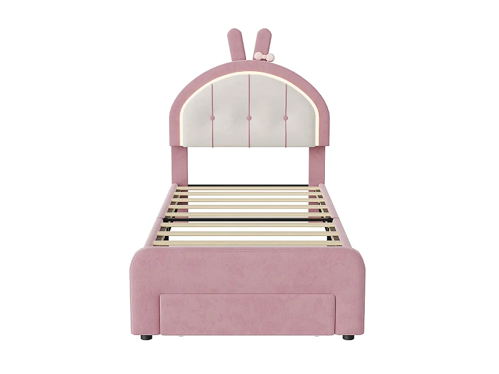 Cadre de lit pour enfants 90 x 200 cm - Lit rembourré avec LED et 1 tiroir avec tête d'oreille de lapin mignon - Lit à plateforme simple pour filles avec tête d'ore