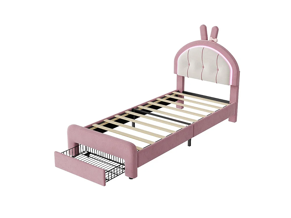 Cadre de lit pour enfants 90 x 200 cm - Lit rembourré avec LED et 1 tiroir avec tête d'oreille de lapin mignon - Lit à plateforme simple pour filles avec tête d'ore