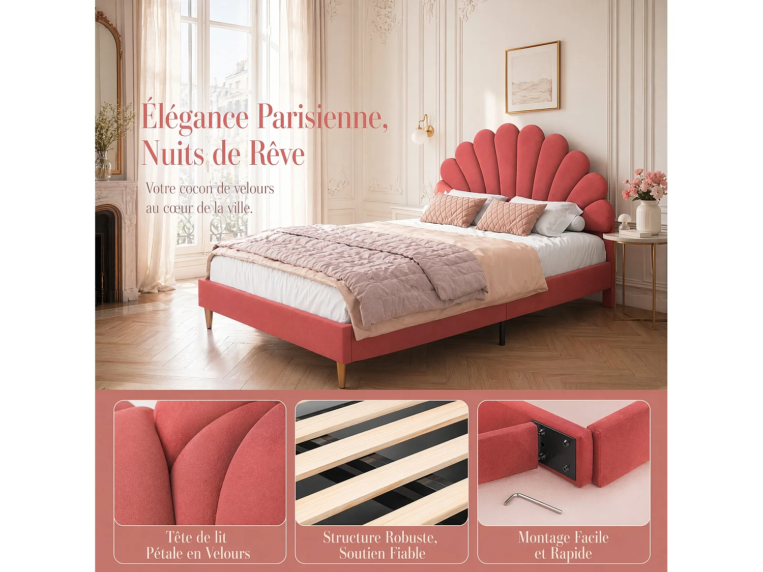 Lit Double Capitonné 140x200cm, Tête de Lit en Forme de Pétale, Installation Facile, Style Moderne, Sommier à Lattes, Lit Fille pour Adolescents, Velours, Bordeaux