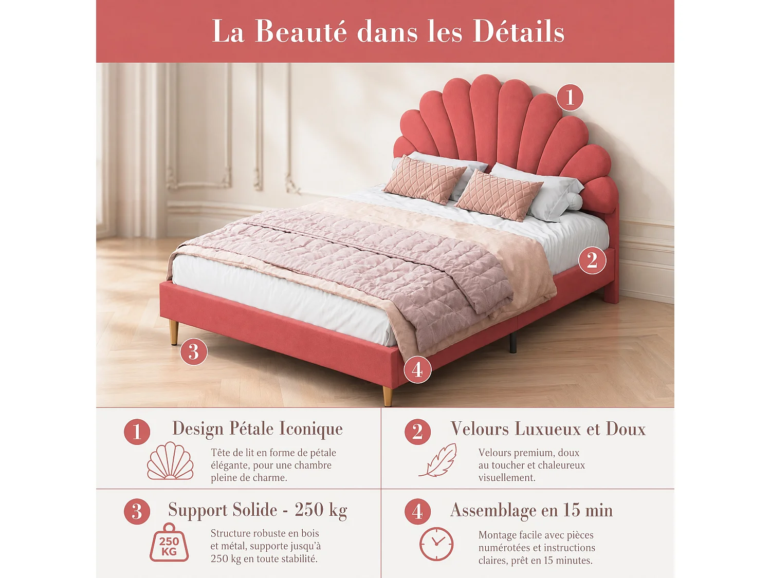 Lit Double Capitonné 140x200cm, Tête de Lit en Forme de Pétale, Installation Facile, Style Moderne, Sommier à Lattes, Lit Fille pour Adolescents, Velours, Bordeaux