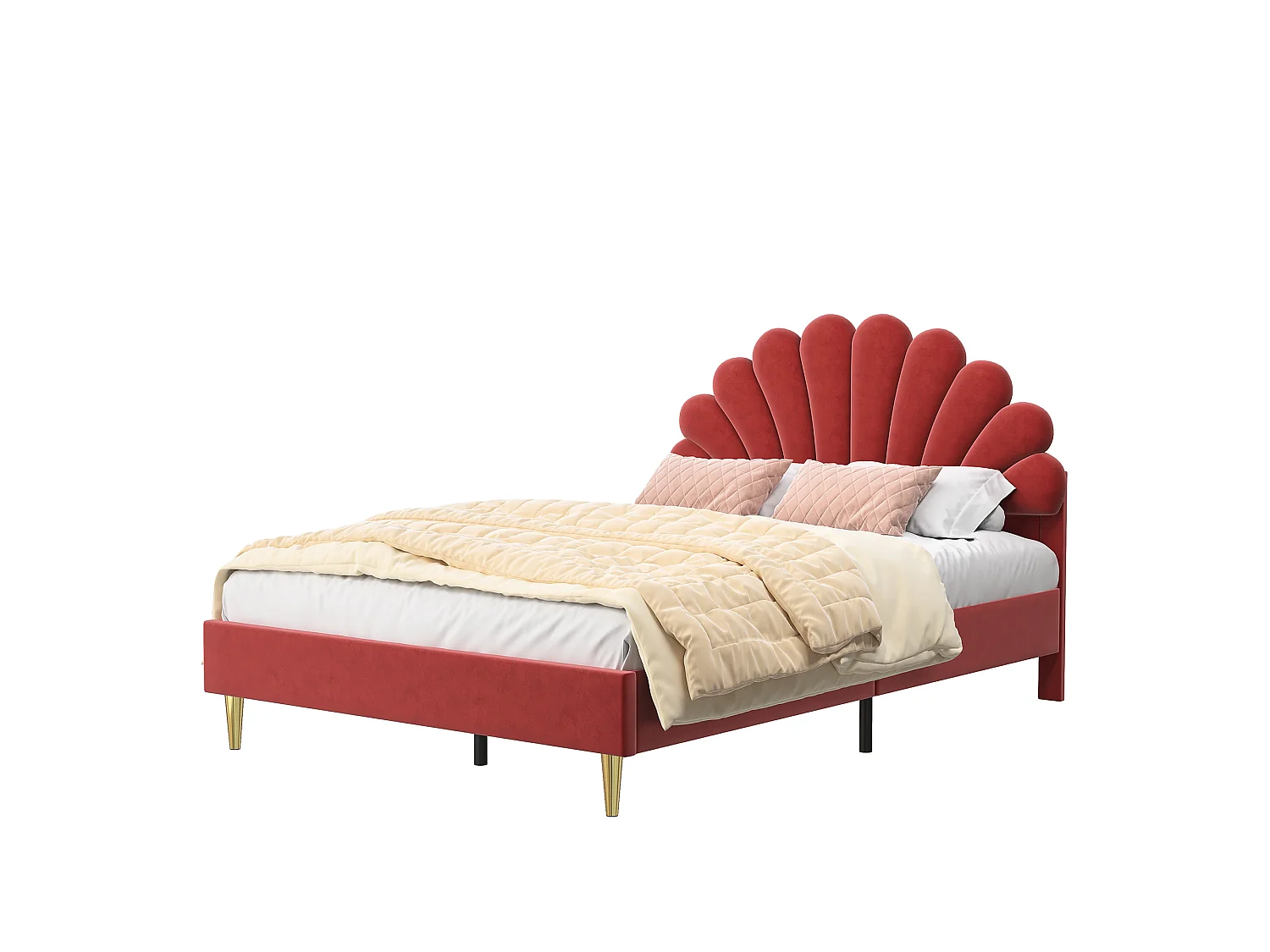 Lit Double Capitonné 140x200cm, Tête de Lit en Forme de Pétale, Installation Facile, Style Moderne, Sommier à Lattes, Lit Fille pour Adolescents, Velours, Bordeaux