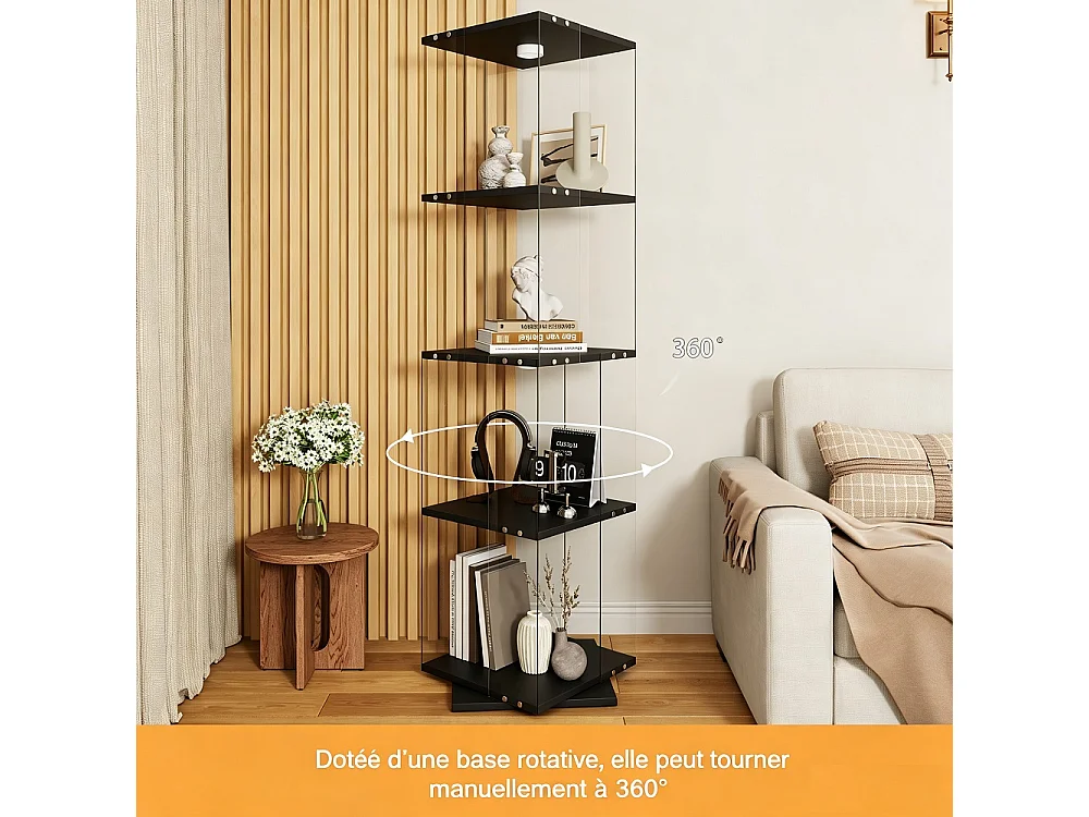 Étiquette d'affichage rotative avec LED - Cabinet de vitrine en verre à 4 niveaux - Étiquette de stockage à base rotative à 360° - Noir