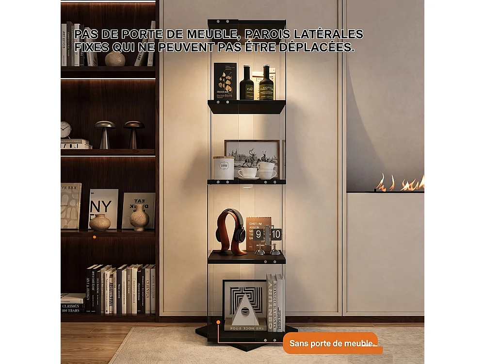 Étiquette d'affichage rotative avec LED - Cabinet de vitrine en verre à 4 niveaux - Étiquette de stockage à base rotative à 360° - Noir