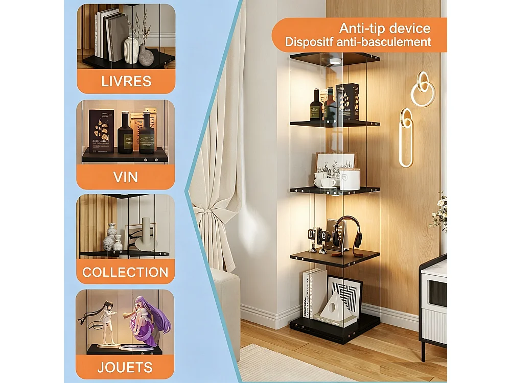 Étiquette d'affichage rotative avec LED - Cabinet de vitrine en verre à 4 niveaux - Étiquette de stockage à base rotative à 360° - Noir