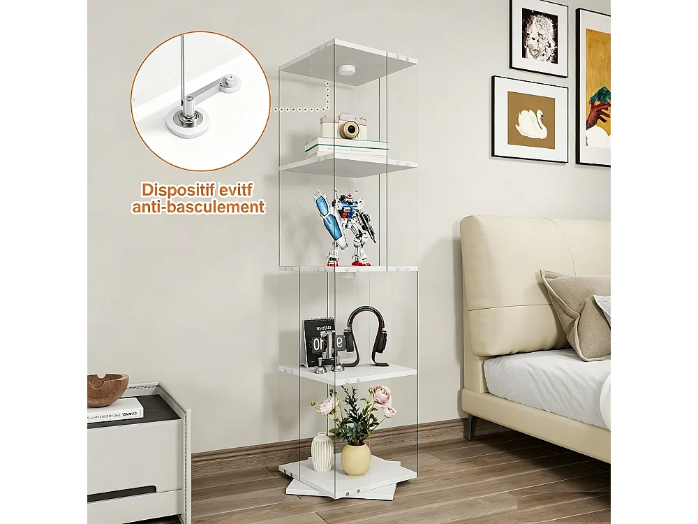 Étiquette d'affichage rotative avec LED - Cabinet de vitrine en verre à 4 niveaux - Étiquette de stockage à base rotative à 360° - Noir