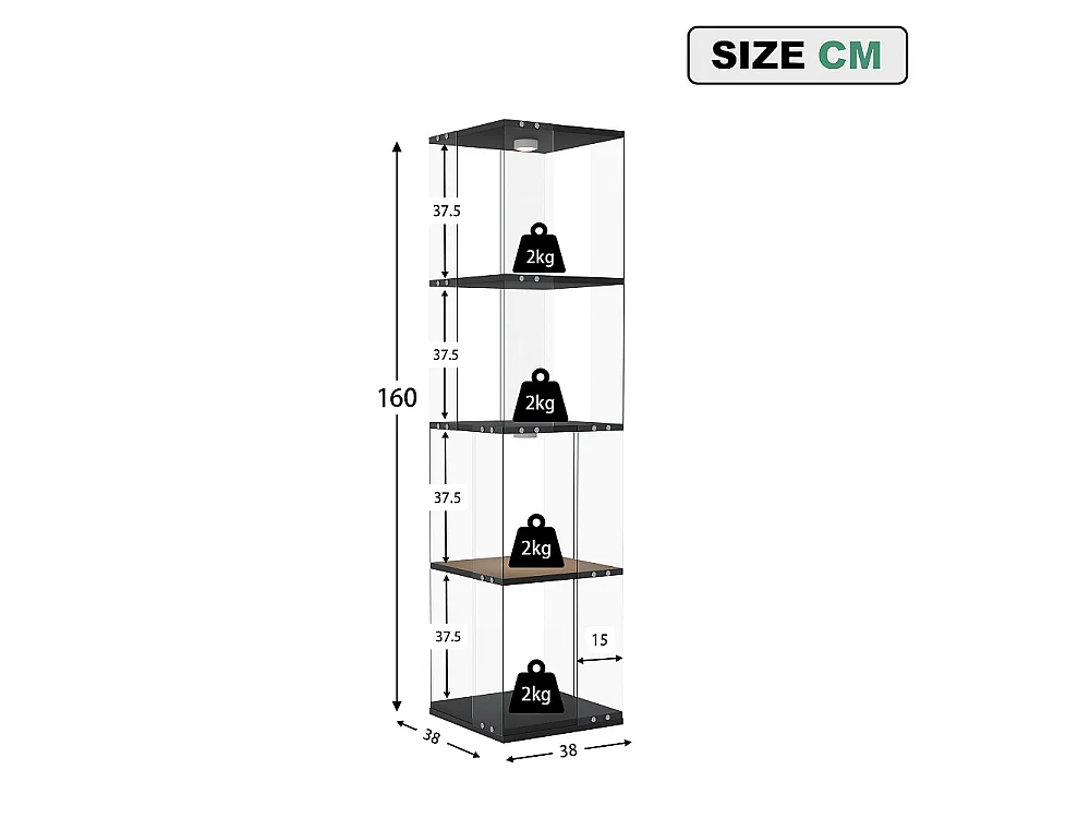 Étiquette d'affichage rotative avec LED - Cabinet de vitrine en verre à 4 niveaux - Étiquette de stockage à base rotative à 360° - Noir
