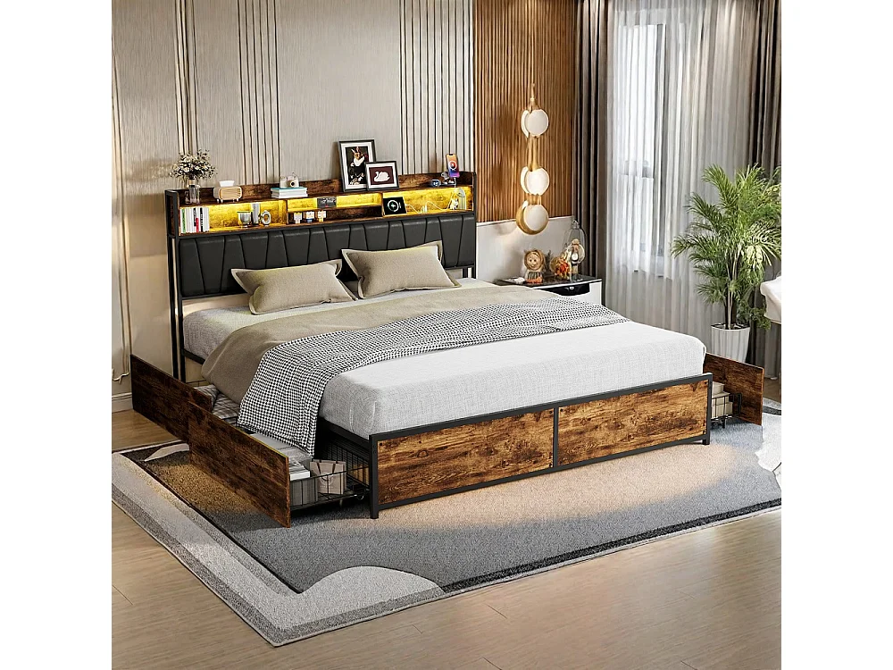 Lit rembourré 180 x 200 cm - Cadre de lit en métal industriel avec LED & USB & Type-C - Lit double avec tête de rangement et 4 tiroirs - marron