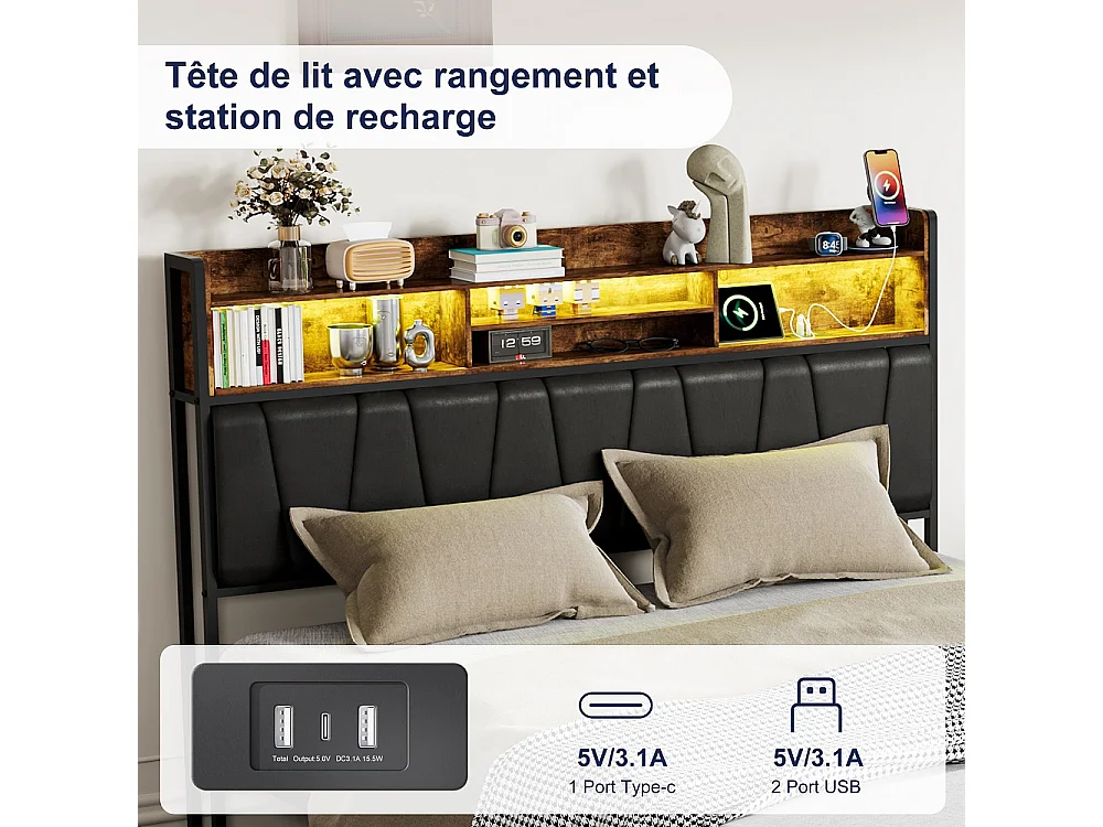 Lit rembourré 180 x 200 cm - Cadre de lit en métal industriel avec LED & USB & Type-C - Lit double avec tête de rangement et 4 tiroirs - marron