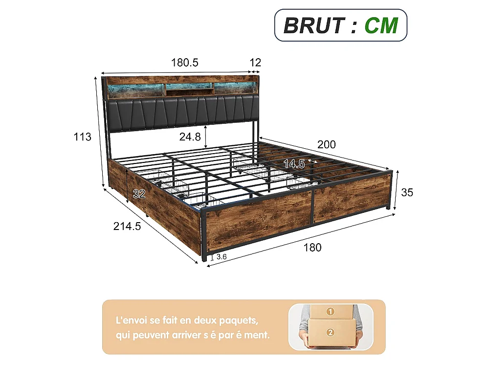 Lit rembourré 180 x 200 cm - Cadre de lit en métal industriel avec LED & USB & Type-C - Lit double avec tête de rangement et 4 tiroirs - marron