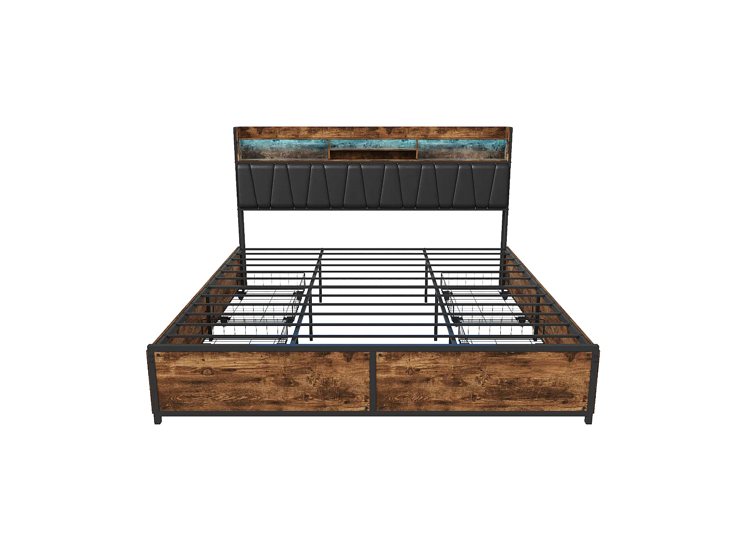 Lit rembourré 180 x 200 cm - Cadre de lit en métal industriel avec LED & USB & Type-C - Lit double avec tête de rangement et 4 tiroirs - marron