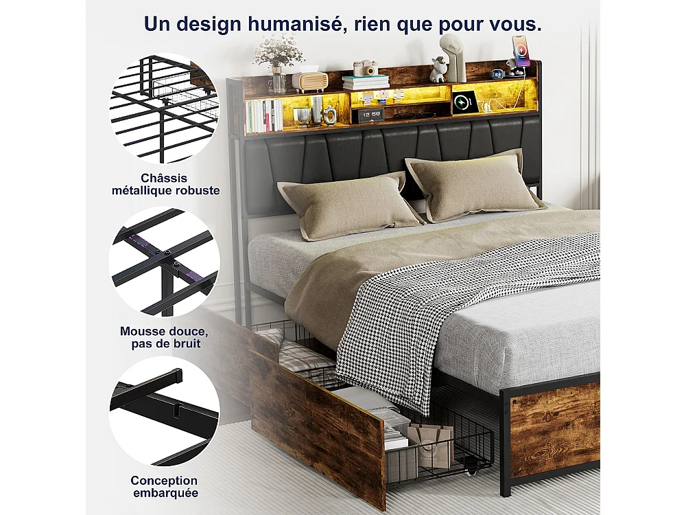 Lit rembourré 160 x 200 cm - Cadre de lit en métal industriel avec LED & USB & Type-C - Lit double avec tête de rangement et 4 tiroirs - marron