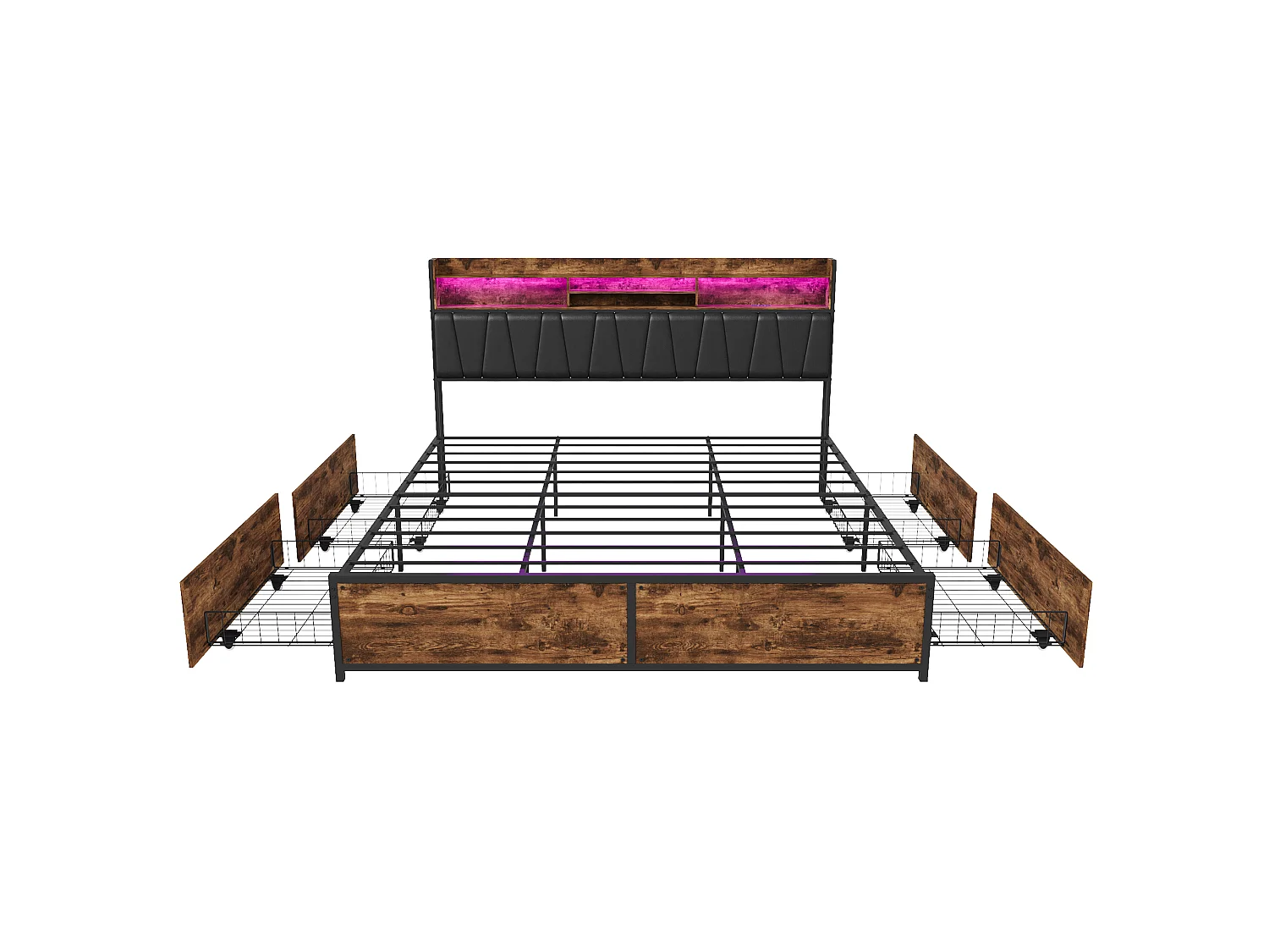 Lit rembourré 160 x 200 cm - Cadre de lit en métal industriel avec LED & USB & Type-C - Lit double avec tête de rangement et 4 tiroirs - marron