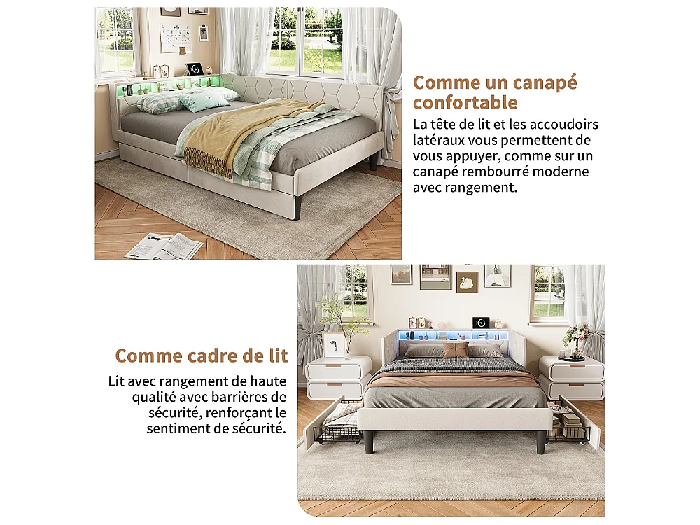 Lit rembourré 140 x 200 cm - Canapé-lit avec tête LED, ports de charge USB et Type-C - Cadre de lit avec 2 tiroirs de rangement - Velvet - Beige