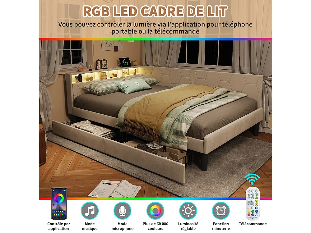 Lit rembourré 140 x 200 cm - Canapé-lit avec tête LED, ports de charge USB et Type-C - Cadre de lit avec 2 tiroirs de rangement - Velvet - Beige