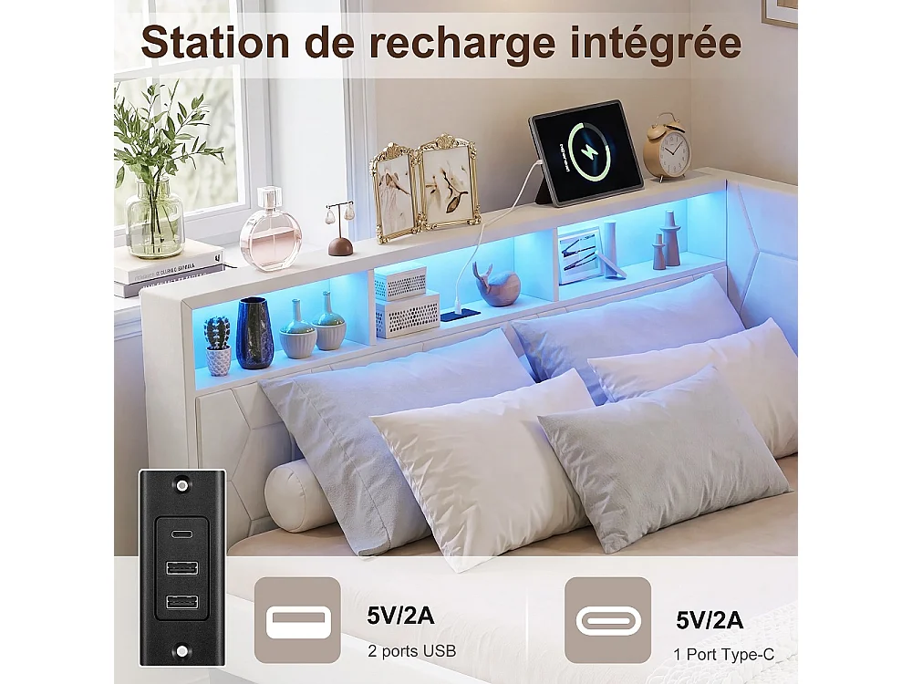 Lit rembourré 140 x 200 cm - Canapé-lit avec tête LED, ports de charge USB et Type-C - Cadre de lit avec 2 tiroirs de rangement - Velvet - Beige