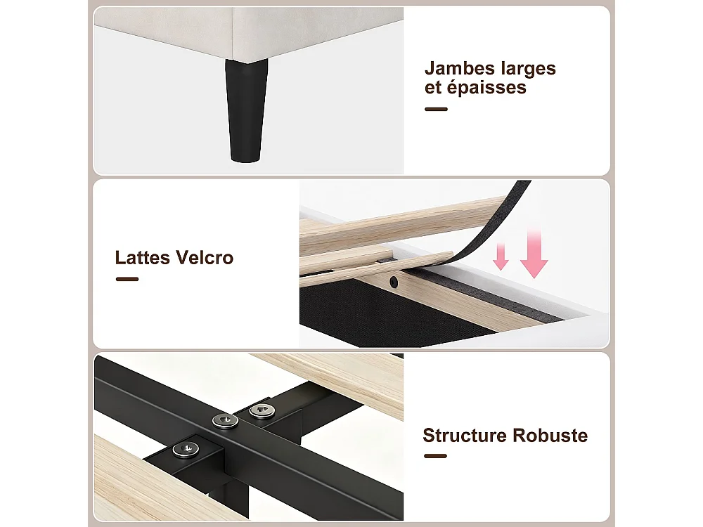Lit rembourré 140 x 200 cm - Canapé-lit avec tête LED, ports de charge USB et Type-C - Cadre de lit avec 2 tiroirs de rangement - Velvet - Beige