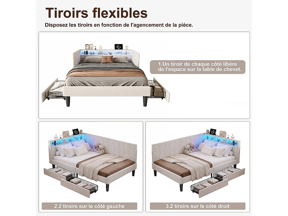 Lit rembourré 140 x 200 cm - Canapé-lit avec tête LED, ports de charge USB et Type-C - Cadre de lit avec 2 tiroirs de rangement - Velvet - Beige