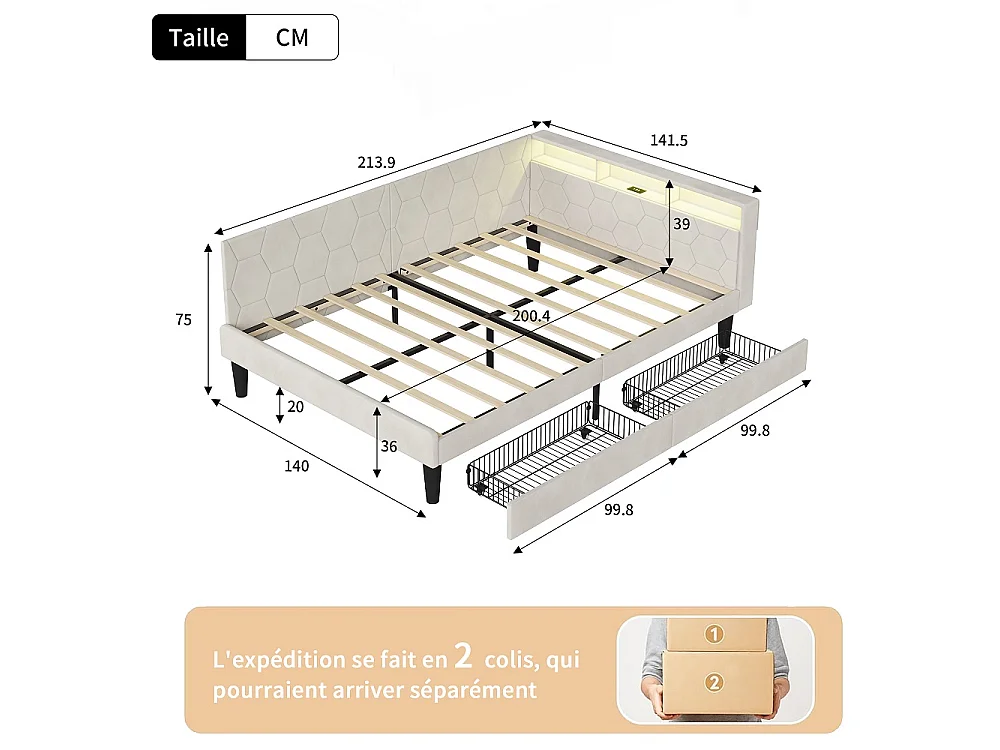 Lit rembourré 140 x 200 cm - Canapé-lit avec tête LED, ports de charge USB et Type-C - Cadre de lit avec 2 tiroirs de rangement - Velvet - Beige