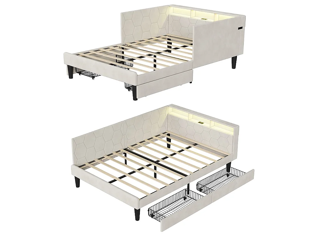 Lit rembourré 140 x 200 cm - Canapé-lit avec tête LED, ports de charge USB et Type-C - Cadre de lit avec 2 tiroirs de rangement - Velvet - Beige